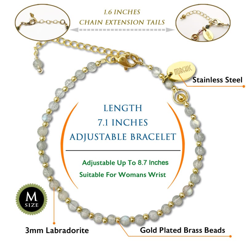 Morchic Labradorite Crystal Natural Gemstone Adjustable Bracelet for Women, 3mm Tiny Beads Energy Gem Charm Jewelry, Birthday Gift 7.1" - Image 2
